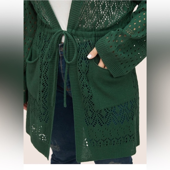 BloomChic Plus Size 3XL Solid Drawstring Pocket Hollow Out Cardigan - Picture 4 of 8